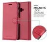 A red phone case with a magnetic closure is shown, with a close-up of the closure mechanism and text describing its features. Produktbild-Vorschau