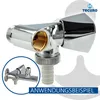A chrome-plated brass tap connection valve for appliances, with an inset showing an application example. Produktbild-Vorschau