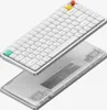 A white Nuphy Air75 V3 mechanical keyboard is shown from a slightly elevated, diagonal angle, with its transparent bottom case visible underneath. Produktbild-Vorschau