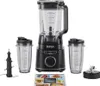 A black Ninja blender set with two cups, blades, and an instruction booklet. Voir les images du produit