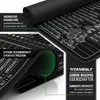 A close-up view of a black gaming mousepad with green textured backing, showcasing its features and water resistance. Voir les images du produit