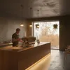 A man is making coffee behind a counter in a cafe, with plants hanging near a large window. Produktbild-Vorschau