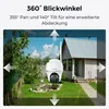 A security camera is shown in a backyard setting, with arrows indicating its 360-degree viewing capabilities. Produktbild-Vorschau