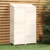 A white wooden garden shed is placed on a grassy lawn in front of a wooden fence. Podgląd zdjęcia produktu