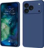 A split image showing the front and back of a blue phone case, with the phone screen visible on the left. Produktbild-Vorschau