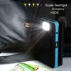 A black and blue power bank with its flashlight on, placed next to a backpack. Náhled obrázku produktu