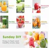 Collage of daily juice recipes with descriptions of their benefits, plus a section for Sunday DIY. Náhled obrázku produktu