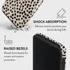 A phone case with a dalmatian print is shown with text describing its features. Produktbild-Vorschau