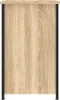 A close-up, straight-on view of a wooden cabinet with black metal legs. Náhled obrázku produktu