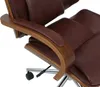 A close-up view of the armrest and seat of a brown leather office chair with a wooden frame. Anteprima dell’immagine prodotto