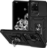 A black phone case with a ring holder and a sliding camera cover is displayed from multiple angles. Produktbild-Vorschau