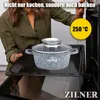 A person is placing a pot into an oven. A yellow circle with text indicates the temperature. Anteprima dell’immagine prodotto