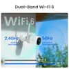 A security camera is shown with graphics illustrating its dual-band Wi-Fi 6 capabilities. Produktbild-Vorschau