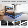 A modern upholstered bed with integrated storage and LED lighting, shown in a bedroom setting with close-up details of its features. Náhľad obrázku produktu