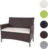 A brown poly-rattan garden bench with a cream cushion, shown against a white background. Several circular swatches of different colors and textures are displayed to the right of the bench. Náhled obrázku produktu