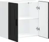 A white kitchen wall cabinet with one black door and one white door open, revealing two shelves inside. Podgląd zdjęcia produktu
