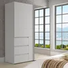 A modern bedroom with a large wardrobe featuring mirrored doors, reflecting a scenic view through large windows. Produktbild-Vorschau