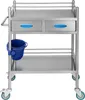 A stainless steel medical cart with two drawers, a handle, and a blue bucket attached to the side.
