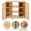 A bamboo cabinet with multiple shelves and slatted doors, shown with inset diagrams highlighting its waterproof feature, load bearing capacity, and assembly accessories. Produktbild-Vorschau
