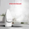 A white steam iron is shown emitting steam, with text overlayed. Produktbild-Vorschau