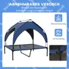A dark blue elevated dog bed with a canopy, shown outdoors with informational text and icons. Anteprima dell’immagine prodotto