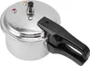 A close-up, studio shot of a silver pressure cooker with a black handle. Produktbild-Vorschau