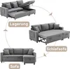 A collage showing a sofa in different configurations: as a sofa, as a bed, and with storage. Arrows and text indicate the transformations. Produktbild-Vorschau