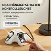 A hand is shown pressing a button on a white power strip with multiple outlets, which is placed on a wooden surface. A lamp is visible in the background. Produktbild-Vorschau