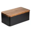 A black bread box with a wooden lid, shown from a slightly elevated side angle on a white background. Produktbild-Vorschau