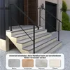 A black metal handrail installed on a set of outdoor stairs, with examples of different flooring materials shown in a smaller inset at the bottom. Produktbild-Vorschau
