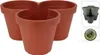A set of three brown plastic plant pots arranged in a clover shape, with inset images showing green and gray pots and a recycling symbol. Podgląd zdjęcia produktu