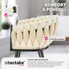 Close-up of a beige upholstered chair with a braided design and black legs, with text overlays highlighting features. Náhled obrázku produktu