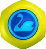 A hexagonal yellow object with a blue circular emblem featuring a light blue swan. Produktbild-Vorschau