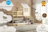 A children's bunk bed with a slide and stairs, set up in a room with decorative elements and marketing overlays. Produktbild-Vorschau