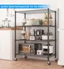 A four-tier wire shelving unit filled with various kitchen appliances and food items, set in a kitchen environment. Produktbild-Vorschau