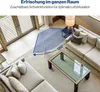 A high-angle view of a modern living room with a white standing fan highlighted by a blue shaded area indicating its 120-degree oscillation range. Podgląd zdjęcia produktu