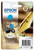 The image shows the packaging of an Epson cyan ink cartridge, with a close-up of a fountain pen nib in the background. Anteprima dell’immagine prodotto