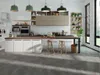 A modern kitchen with a marble-look floor, white cabinets, and a wooden countertop. Produktbild-Vorschau