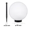 A white spherical solar garden light with a black stake and base, shown with measurement indicators. Voir les images du produit