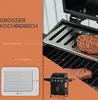 A marketing image for a gas grill, showing its features and dimensions. Produktbild-Vorschau