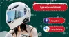 A person wearing a white motorcycle helmet with a blue visor, with promotional text and logos on the right side. Anteprima dell’immagine prodotto