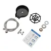 A collection of parts for a cup washing machine, including a black basin, a silver braided hose, a T-connector, two small black rings, a black circular spray head, two silver washers, a bronze nut, and an installation guide. Náhled obrázku produktu