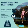 A woman is posing next to a trampoline in a garden setting, with marketing text and icons on the left side of the image. Produktbild-Vorschau