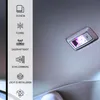 A close-up view of a car's headliner with an interior light illuminated, next to a column of icons and text describing product features. Produktbild-Vorschau