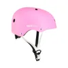 A pink helmet with white straps is shown against a white background. Produktbild-Vorschau
