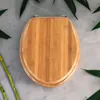 A top-down view of a bamboo toilet seat lid on a marble-like background, with green bamboo stalks and leaves framing the scene. Produktbild-Vorschau