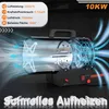 A diagram showing the internal workings of a gas heater with airflow visualized, along with feature callouts. Produktbild-Vorschau