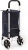 A dark blue shopping trolley with silver frame and white wheels, shown against a white background. Náhľad obrázku produktu