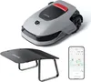 A robotic lawnmower, its charging station, and a smartphone displaying its app are shown against a white background. Produktbild-Vorschau