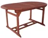 An oval wooden dining table with a slatted top and a slatted base structure. Produktbild-Vorschau